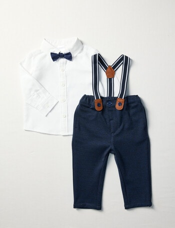 Teeny Weeny Set of White Shirt with Bow Tie & Navy Suit Pant with Braces product photo