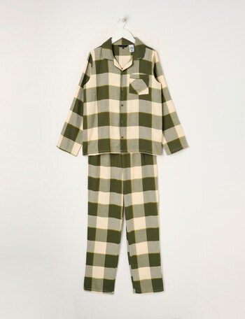 Sleep Squad Buffalo Check Flannel PJ Set, Sea Kelp, 8-16 product photo