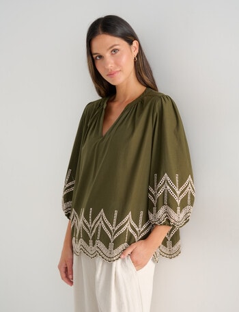 Whistle Embroidered Peasant Top, Khaki & Ecru product photo