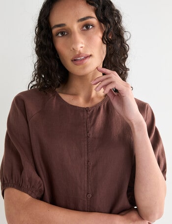 Zest Linen Raglan Button Top, Chocolate product photo