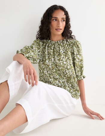 Zest Linen Frill Neck Top, Willow Floral product photo
