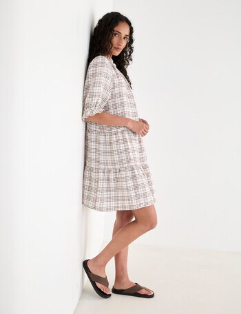 Zest Linen Frill Neck Tier Dress, Check Ivory product photo