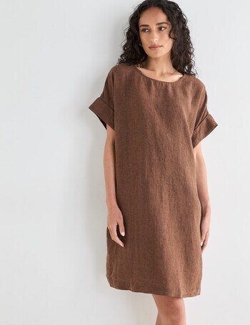 Zest Linen Turn Up Sleeve Dress, Chocolate X Dye product photo