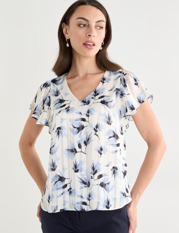 Oliver Black Floral V-Neck Flutter Sleeve Top, Blue & Ivory product photo