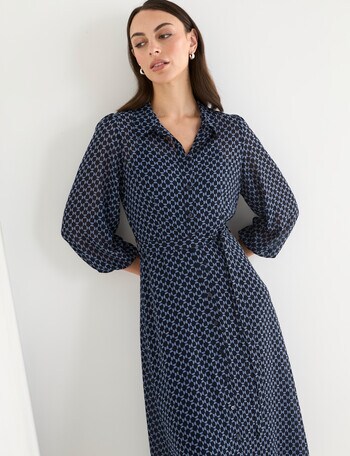 Oliver Black Geo Print Three-Quarter Sleeve Shirt Dress, Navy & Blue product photo