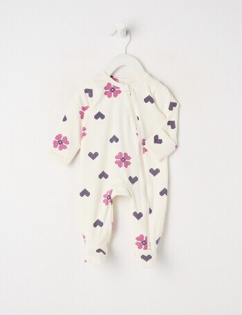 Teeny Weeny Sleep Stretch Cotton Hearts & Flowers Sleepsuit, White product photo