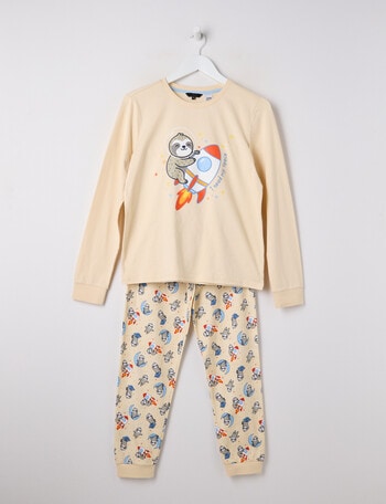 Sleep Squad I Need Space Sloth Knit Long PJ Set, Chalk, 8-16 product photo