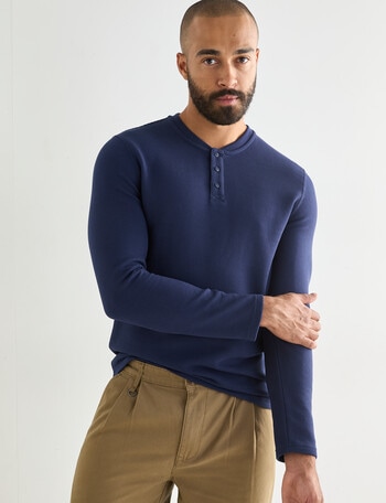 Gasoline Waffle Henley Long Sleeve Tee, Marine Blue product photo