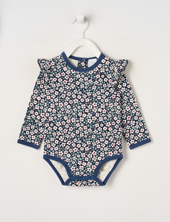 Teeny Weeny Play Time Stretch Cotton Long-Sleeve Floral Bodysuit, Blue product photo