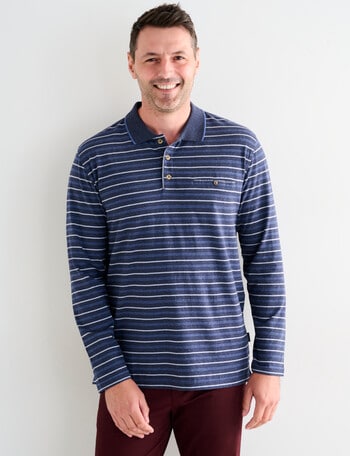 Chisel Yarn Dyed Stripe Long Sleeve Polo Shirt, Navy Marle product photo