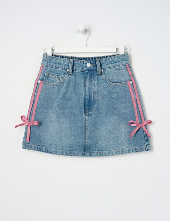 Switch Tape Bows Denim Mini Skirt, Vintage Blue product photo