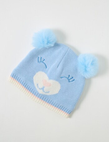 Teeny Weeny Knit Pompom Bear Beanie, Moonstone Blue product photo