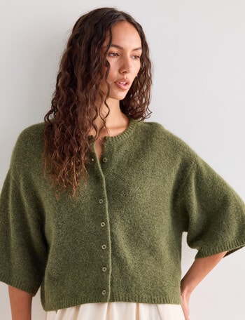 Mineral Beau Alpaca Blend Short Sleeve Cardigan, Winter Moss product photo