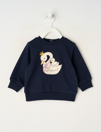 Teeny Weeny Swan Song Play Long-Sleeve Fleece Swan Sweatshirt, Navy product photo