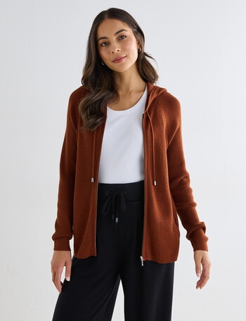 North South Merino Blend Ribbed Zip Thru Hoodie, Ginger Biscuit product photo