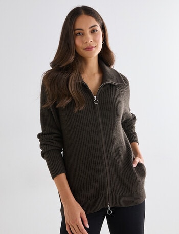 North South Merino Blend Funnel Neck Zip Up Jumper, Dark Olive product photo