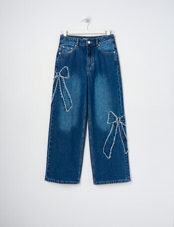 Switch Applique Bows Harlow Wide Leg Jean, Mid Blue product photo