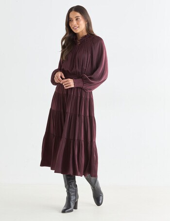 Whistle Satin Tiered Midi Dress, Dark Cherry product photo
