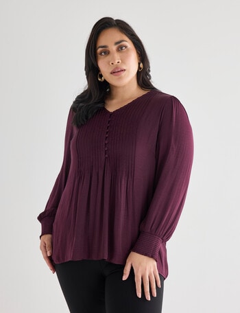 Studio Curve Pintuck Button Front Top, Cherry Lacquer product photo