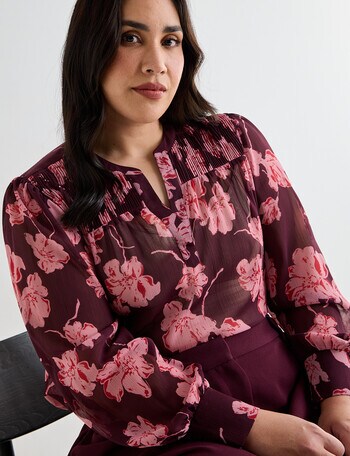 Studio Curve Shirred Flower Print Blouse, Cherry Lacquer product photo