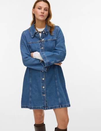 Vero Moda Findo Long Sleeve Short Denim Dress, Medium Blue product photo