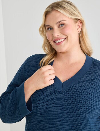 Studio Curve V-Neck Herringbone Jumper, Teal product photo