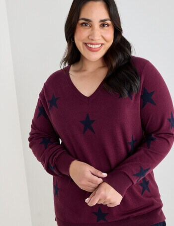 Studio Curve V-Neck Star Sweater, Cherry Lacquer product photo