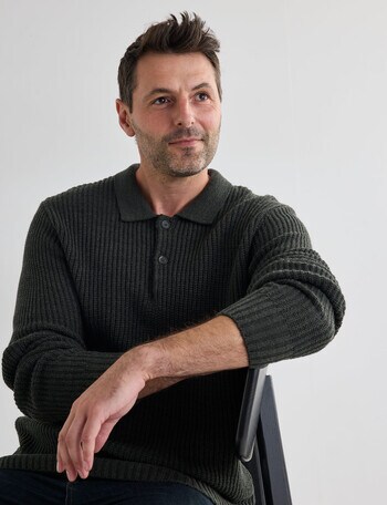 Chisel Button Neck Sweater, Army Green product photo