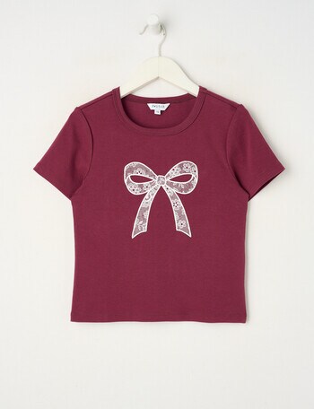 Switch Lace Bow Short Sleeve Baby Tee, Red Velvet product photo