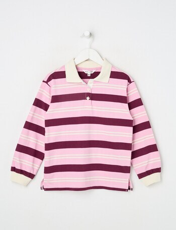 Mac & Ellie Stripe Long Sleeve Polo Top, Berry & Pink product photo