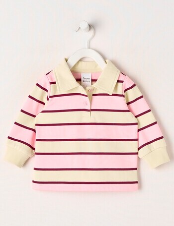 Teeny Weeny Boot Scooting Play Long Sleeve Stripe Polo Shirt, Pink & Cream product photo