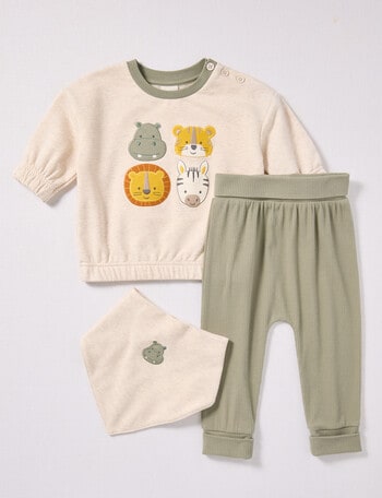 Little Bundle Safari Friends Knit Moss Set, 3-Piece, Cream & Green product photo