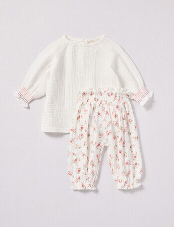Little Bundle Pink Flowe Woven Set, 2-Piece, White & Pink product photo