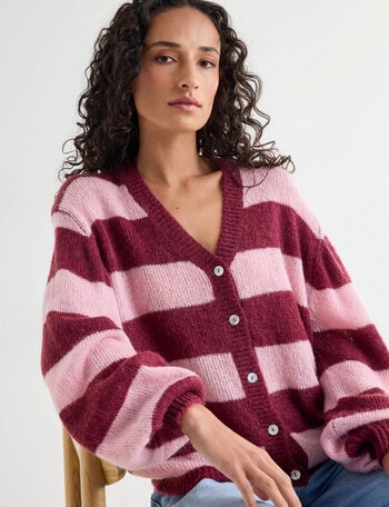 Zest Striped V Neck Cardigan, Pink product photo