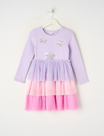 Mac & Ellie Butterflies Long Sleeve Tiered Dress, Lilac product photo