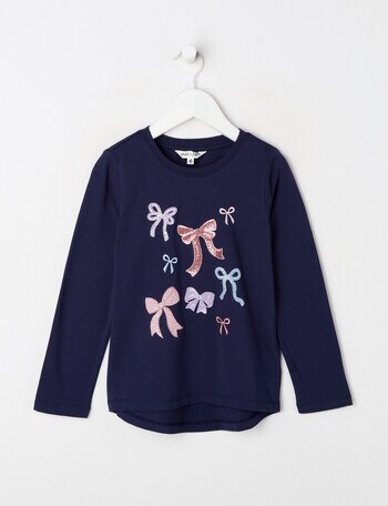 Mac & Ellie Sequin Bows Long Sleeve Tee, Navy product photo