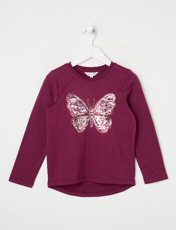 Mac & Ellie Sequin Butterfly Long Sleeve Tee, Berry product photo