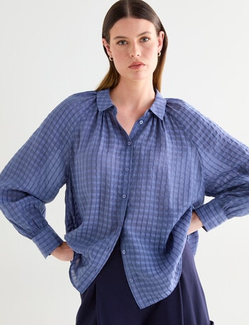 Jigsaw Sawyer Gather Neck Shirt, Smoke Blue Check product photo