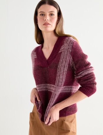 Jigsaw Check Mohair Blend Sweater, Plum product photo