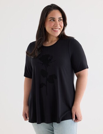 Studio Curve Printed Viscose Tee, Black & Flocked Rose product photo