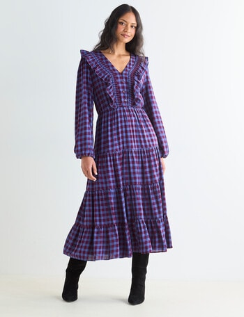 Whistle Ruffle Check Midi Dress, Blue & Cherry product photo