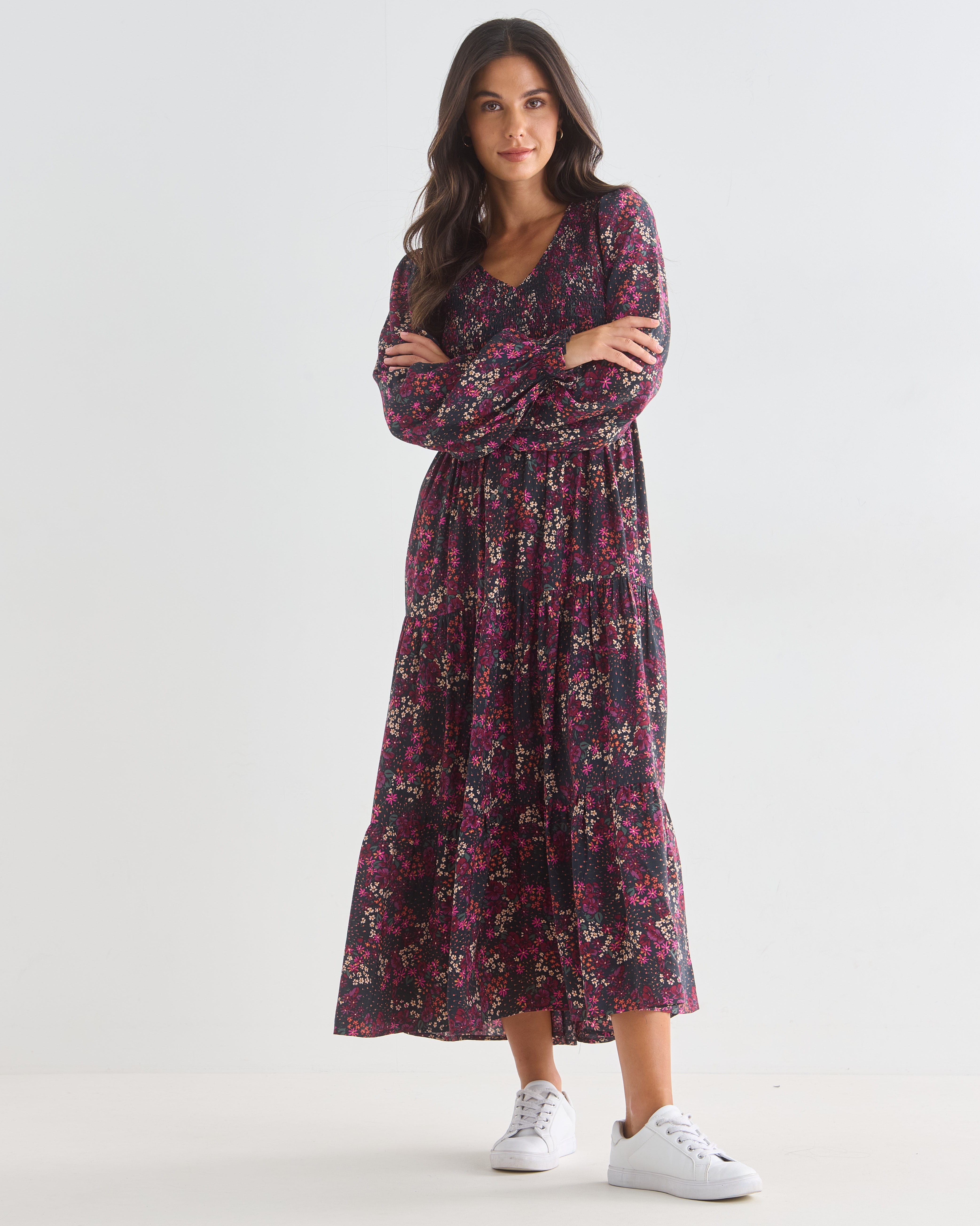 Whistle Winter Floral Shirred V Neck Long Sleeve Midi Dress, product photo
