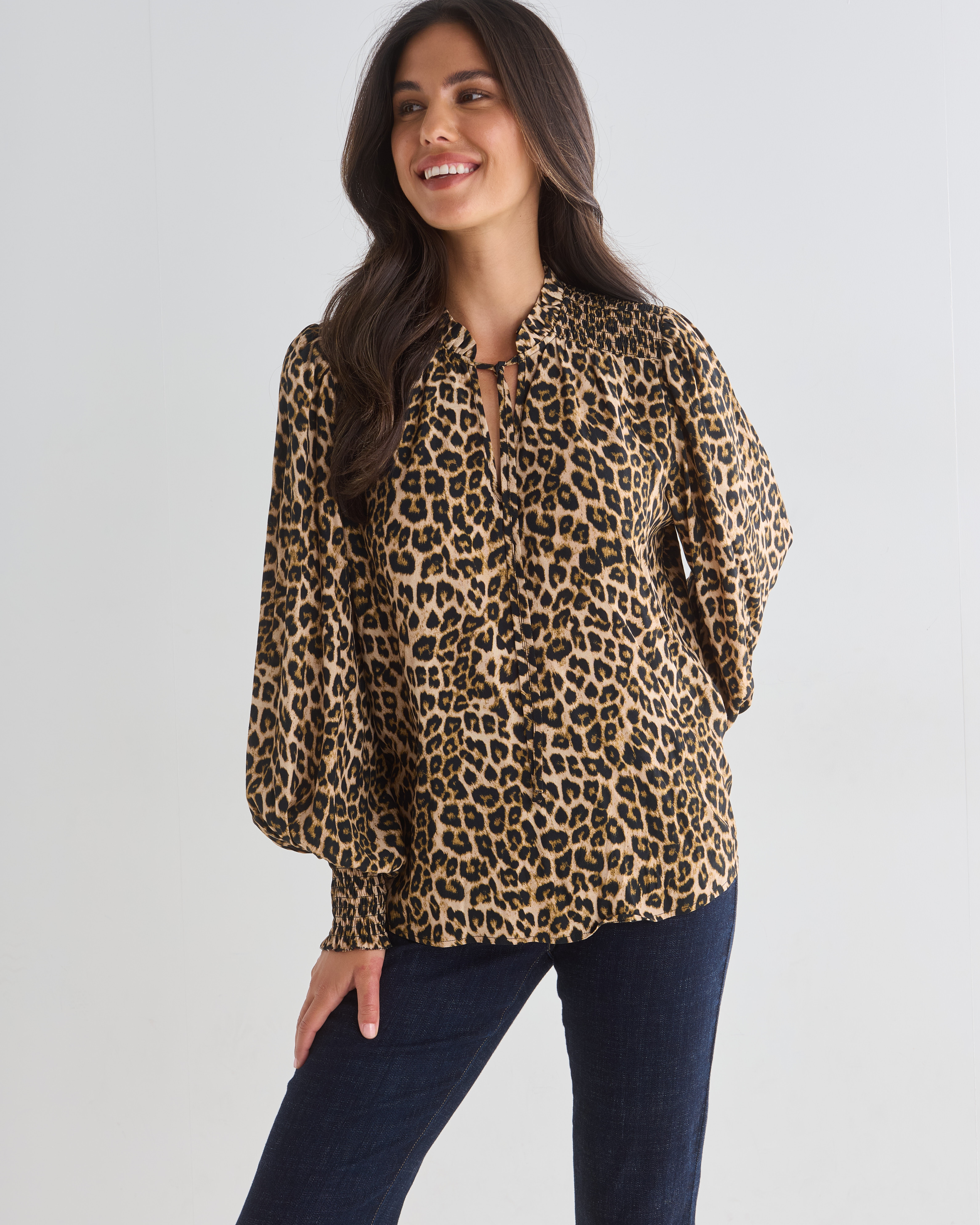 Whistle Animal Print Long Sleeve Blouse, Brown product photo