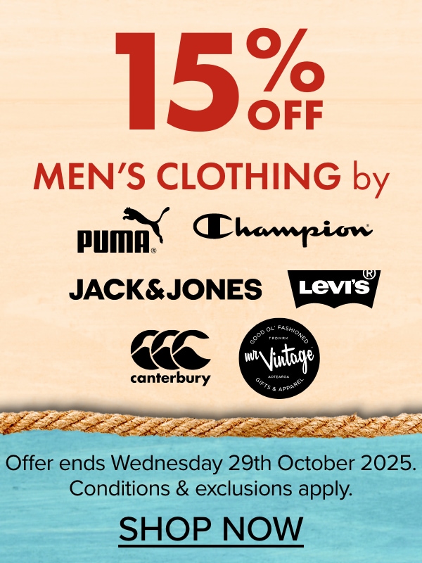 15% OFF Men's Clothing by Levis, Jack and Jones, Mr Vintage, CCC, Champion & Puma