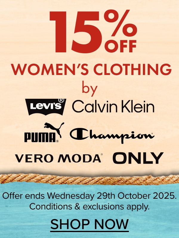 15% OFF Women’s Clothing by Levis, Calvin Klein, Puma, Champion, Vero Moda & ONLY