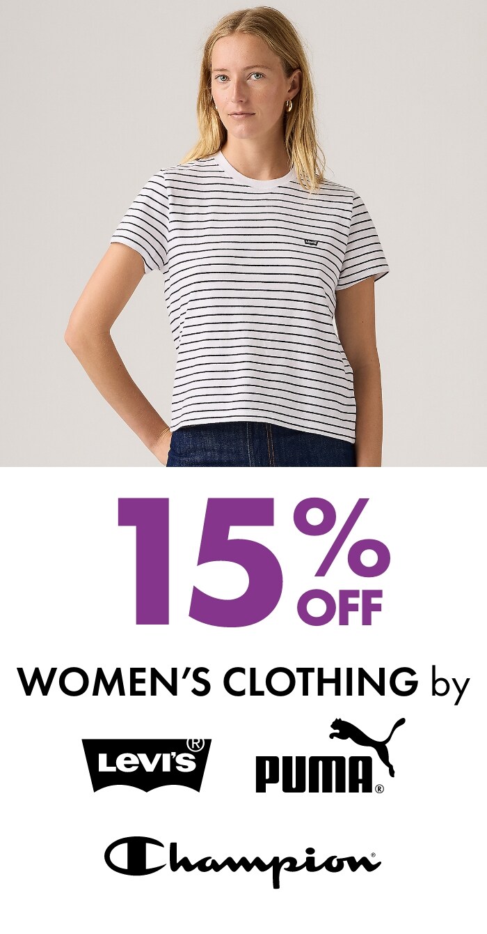 15% off Women's Clothing by Levis, Puma & Champion