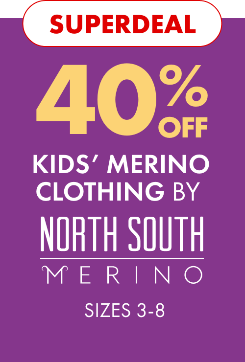 SUPERDEAL 40% OFF Kids' Merino Clothing by North South Merino Sizes 3-8