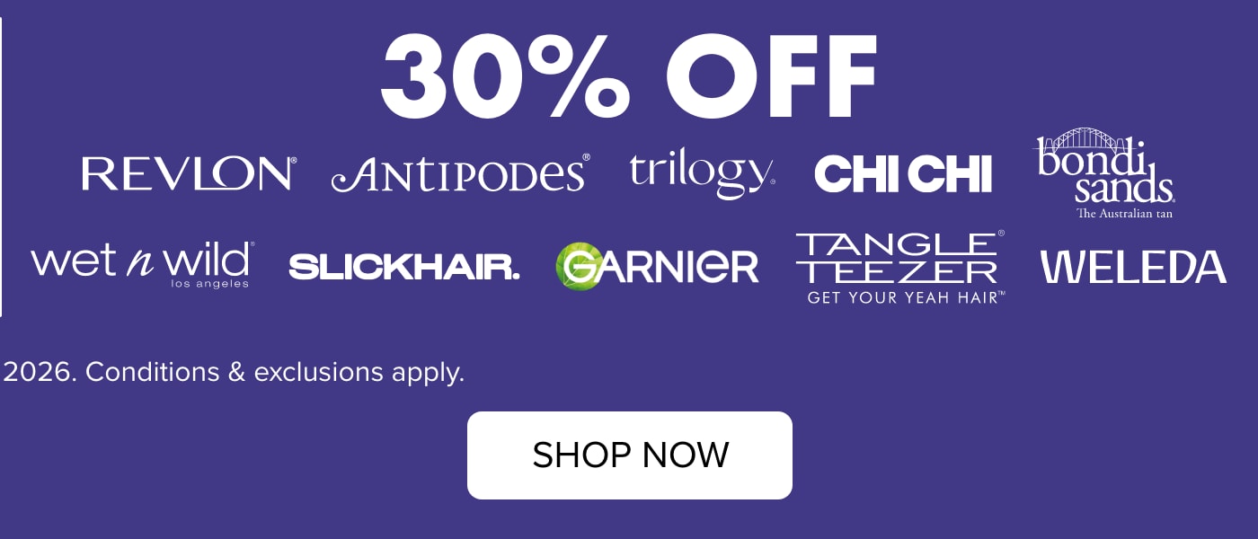 30% OFF Revlon, Antipodes, Trilogy, Wet n Wild, Slickhair, Garnier AND MORE