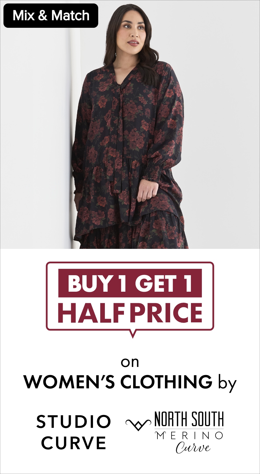 Buy 1 get 1 half price on women's clothing by Studio Curve and North South Merino Curve