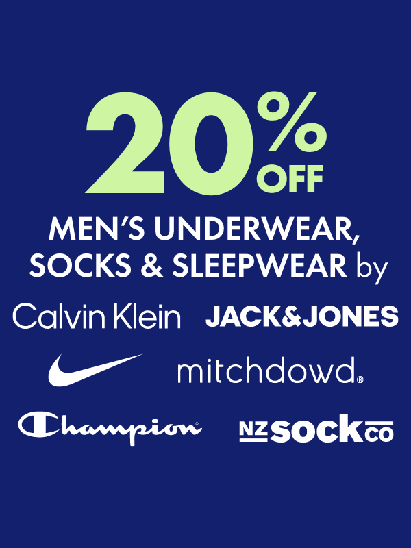 20% OFF Men's Underwear, Socks & Sleepwear by Calvin Klein, Nike, Jack & Jones, Champion, Mitch Dowd & NZ Socks